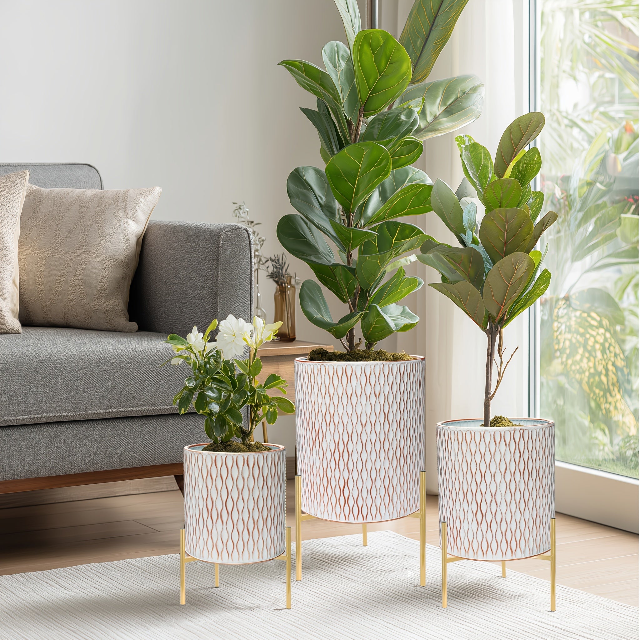 Metal Planter Stand Set Of 3, Indoor Outdoor Plant Stand with Flower Pots, Rust-Resistant Elevated Plant Display for Balcony Patio & Living Room