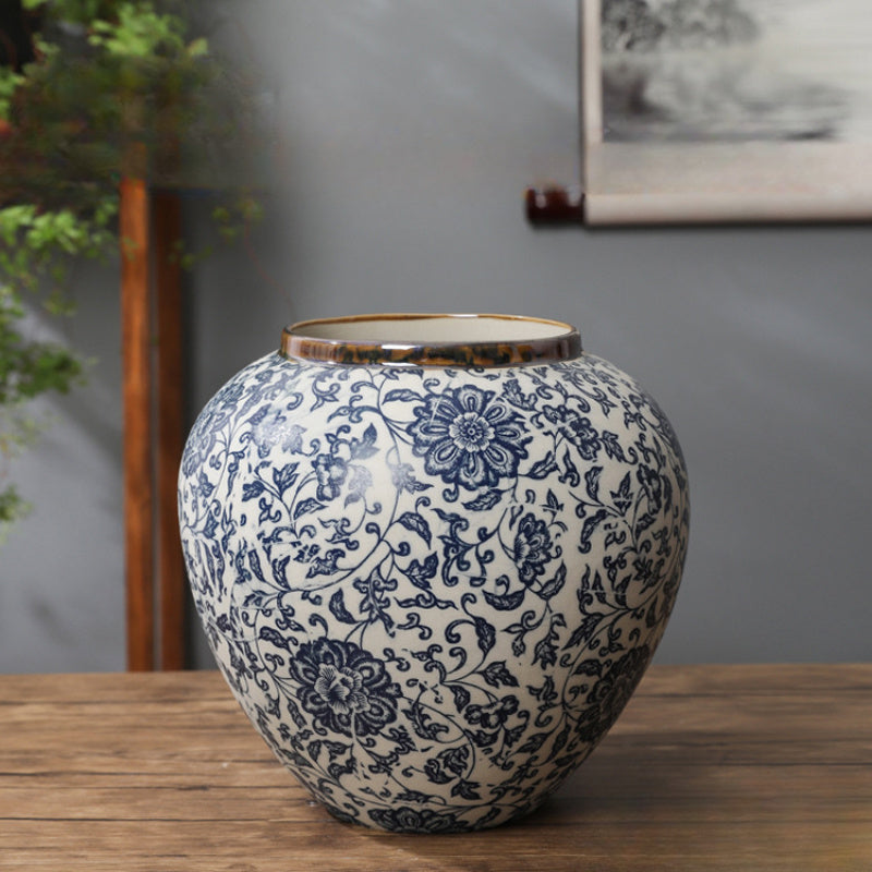 Home decoration vase, Jingdezhen ceramic flower container, modern Chinese-style ceramic vase, retro blue and white entwined lotus vase
