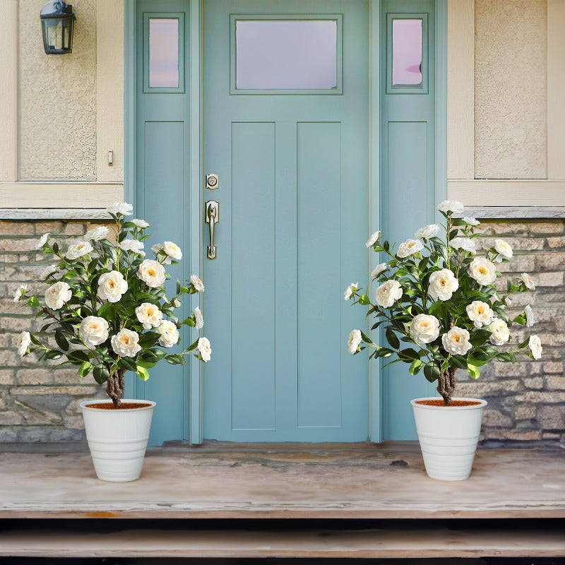 2 Packs of 35.7-Inch Simulated Camellias, Orange And White Realistic Outdoor Artificial Flowers with Inserts, Suitable for Home Decoration, Office Porch Decoration, Yard Decoration, Wedding Decoration And Christmas Decoration