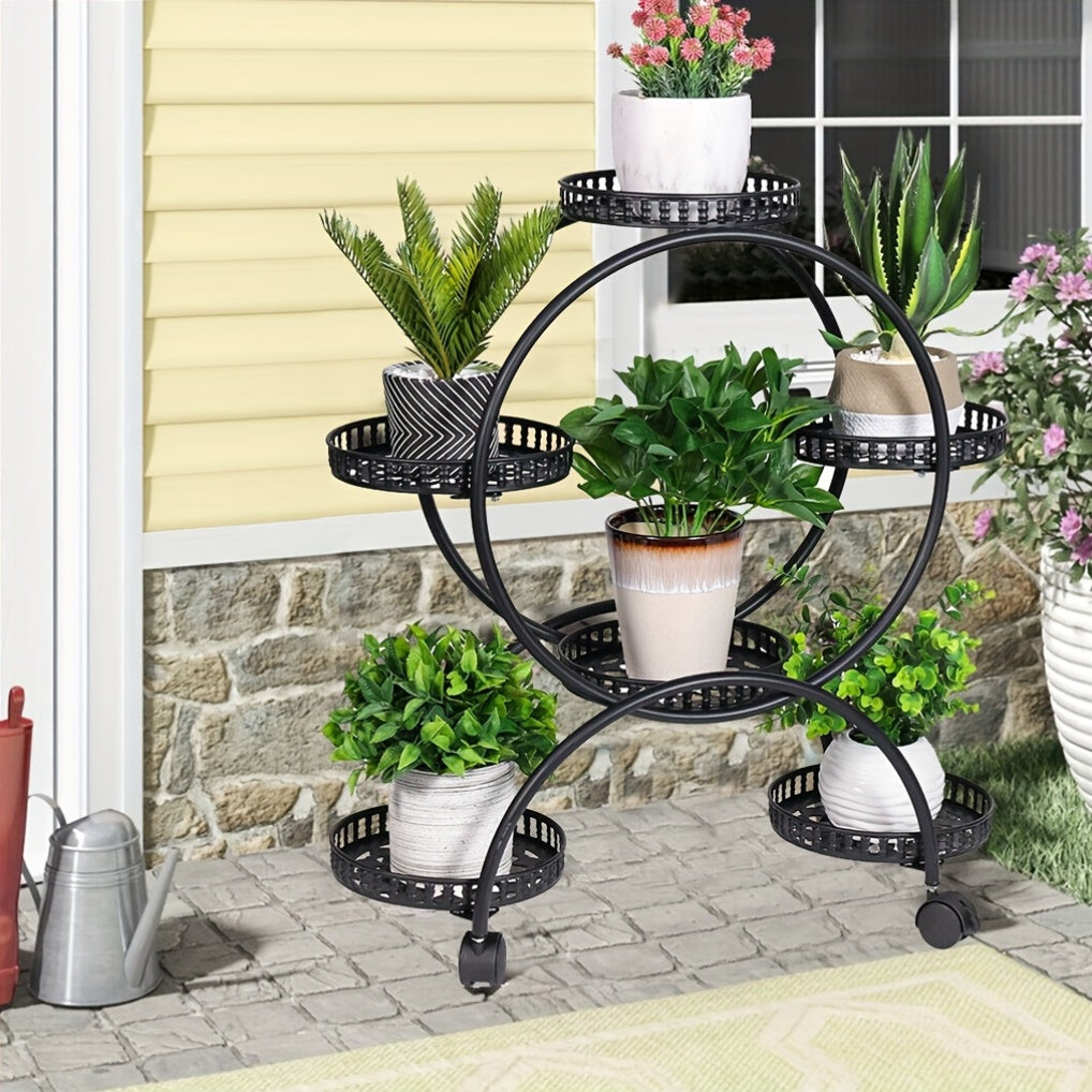 Six-Tiered Black Metal Plant Stand Garden Cart with Wheels for Displaying Flower Pots, Ideal for Home, Patio, Porch, And Balcony Decoration