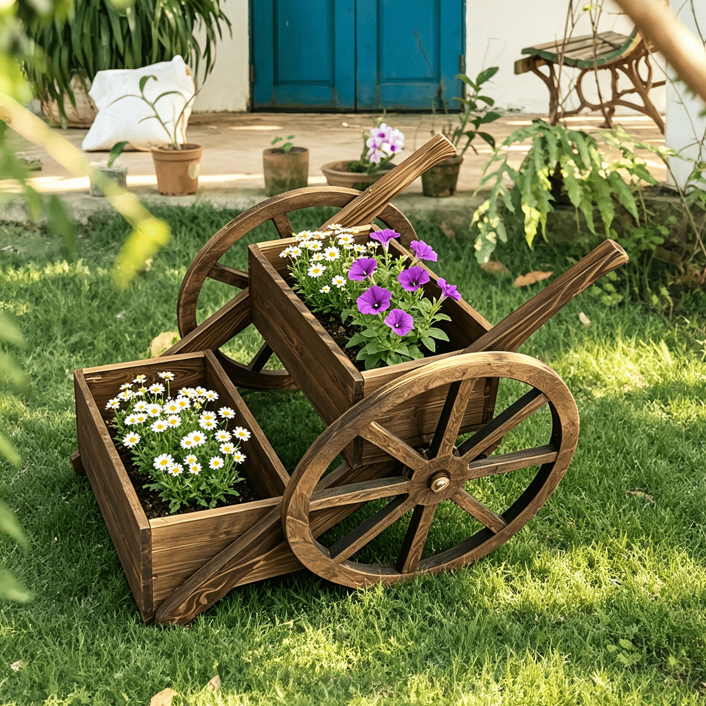 Solid Wood Flower Stand, Wood Plant Stand Flower HolderTricycle Flower StandIndoor Outdoor Flower Pot Shelf for Patio Garden Balcony (Integrally Formed Wooden Wheel)
