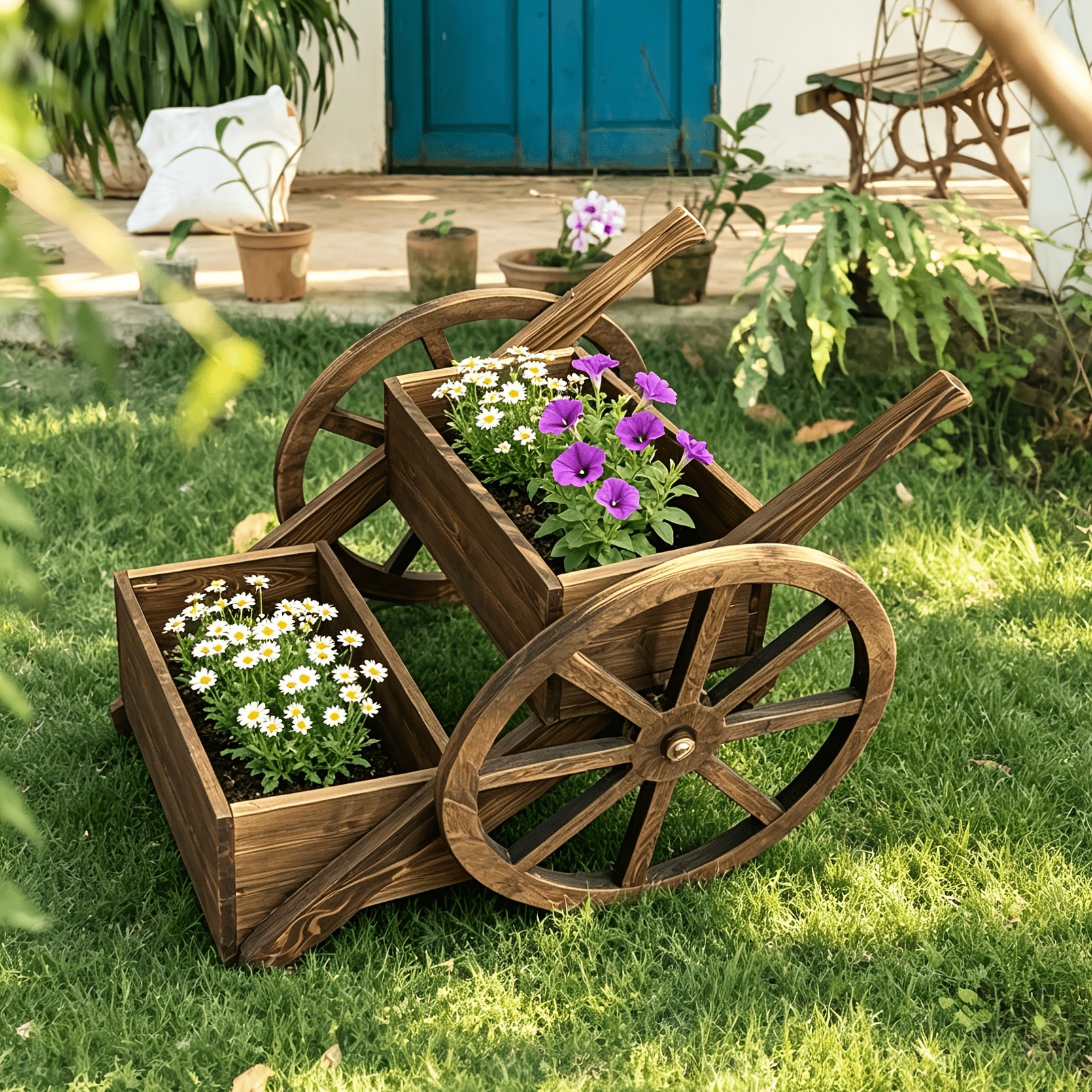 Solid Wood Flower Stand, Wood Plant Stand Flower HolderTricycle Flower StandIndoor Outdoor Flower Pot Shelf for Patio Garden Balcony (Integrally Formed Wooden Wheel)