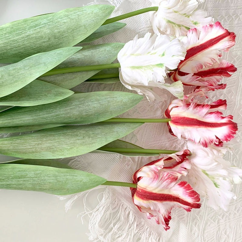 9pcs Real Touch Artificial Fringed Parrot Tulip Flowers Multiple Colors Faux Tulip Stems with Leaves for Wedding Bridal Bouquet Home Office Vase Arrangement Mother'S Day Valentine'S Day Birthday Anniversary Gift